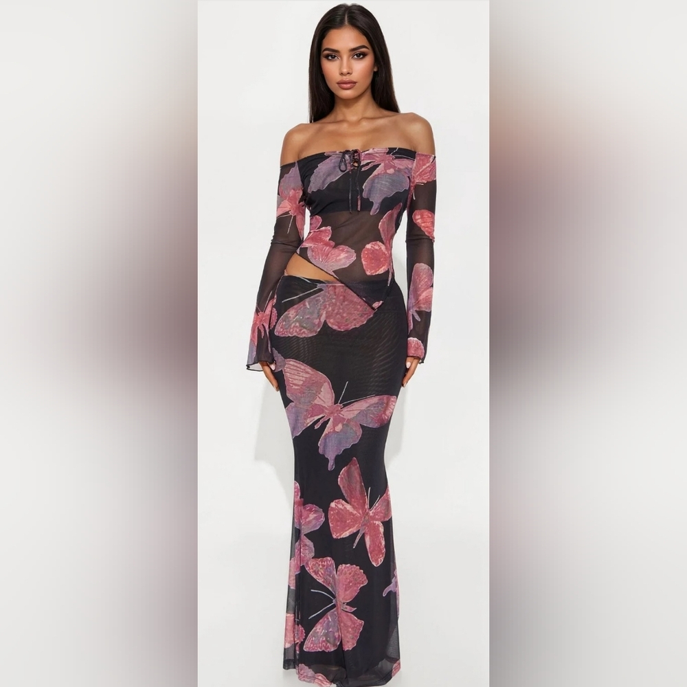 Fashion Nova Black Mesh Off-Shoulder Butterfly Print Skirt Set with Pink Accents